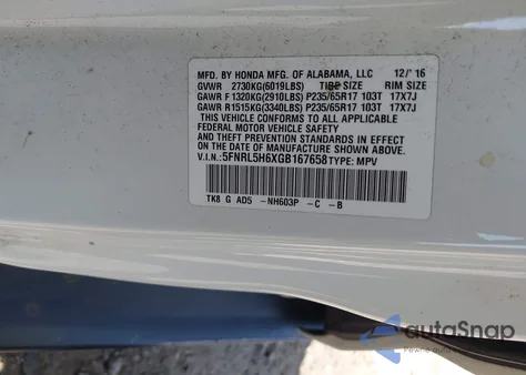 2016 Honda Odyssey Ex-L from USA, damaged, VIN 5FNRL5H6XGB167658